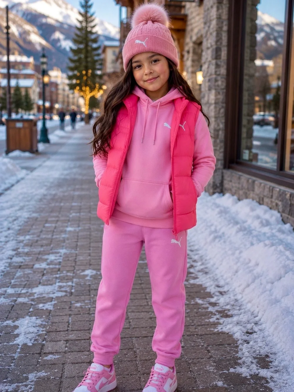Puma Girls Pink , Joggers and Hot Pink Puffer Vest Set (5-6) XS